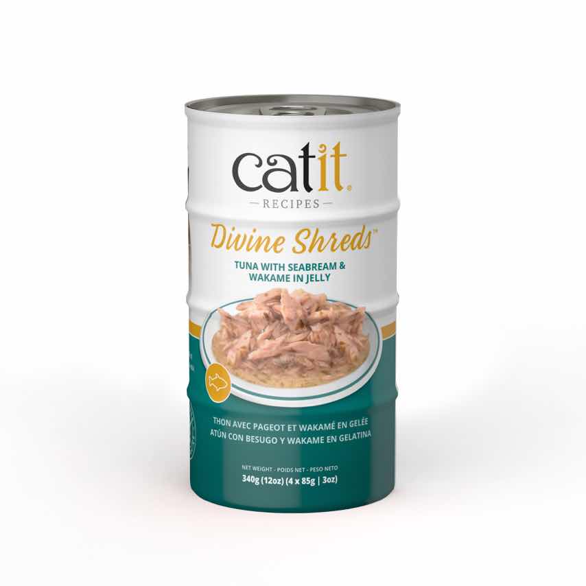 Catit Divine Shreds tuna with seabream and wakame in jelly cat food packaging