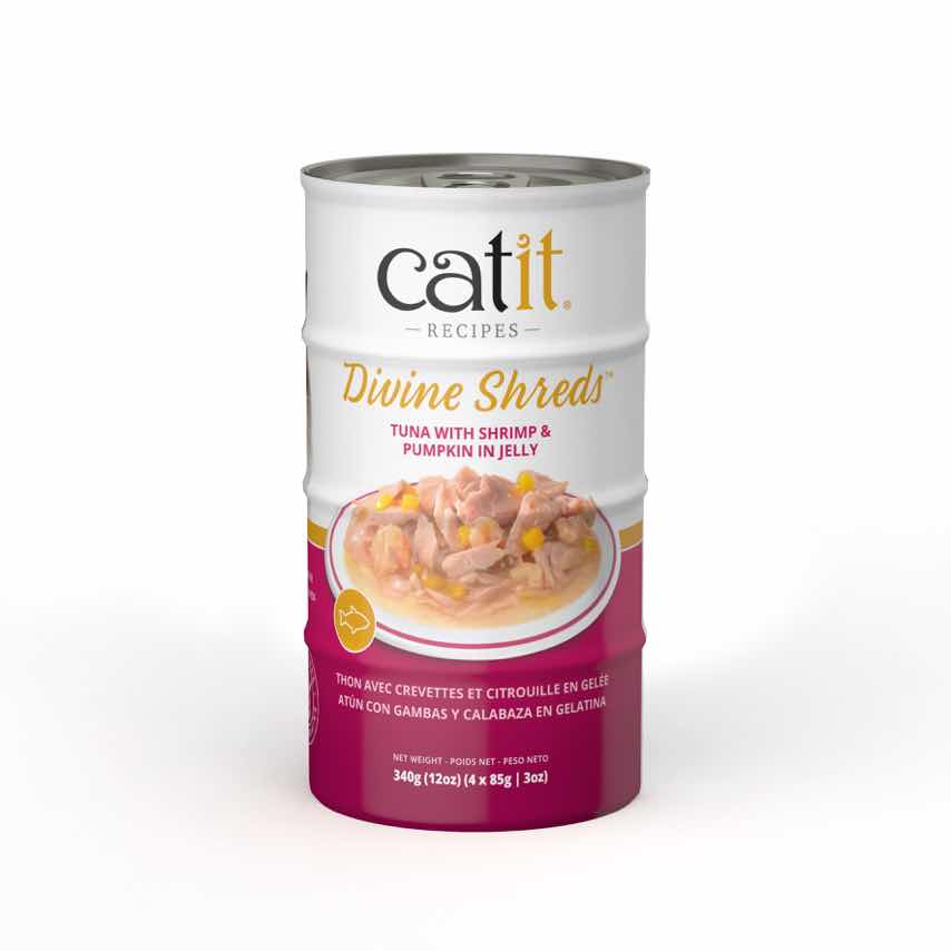 Catit Divine Shreds tuna with shrimp and pumpkin in jelly cat food packaging