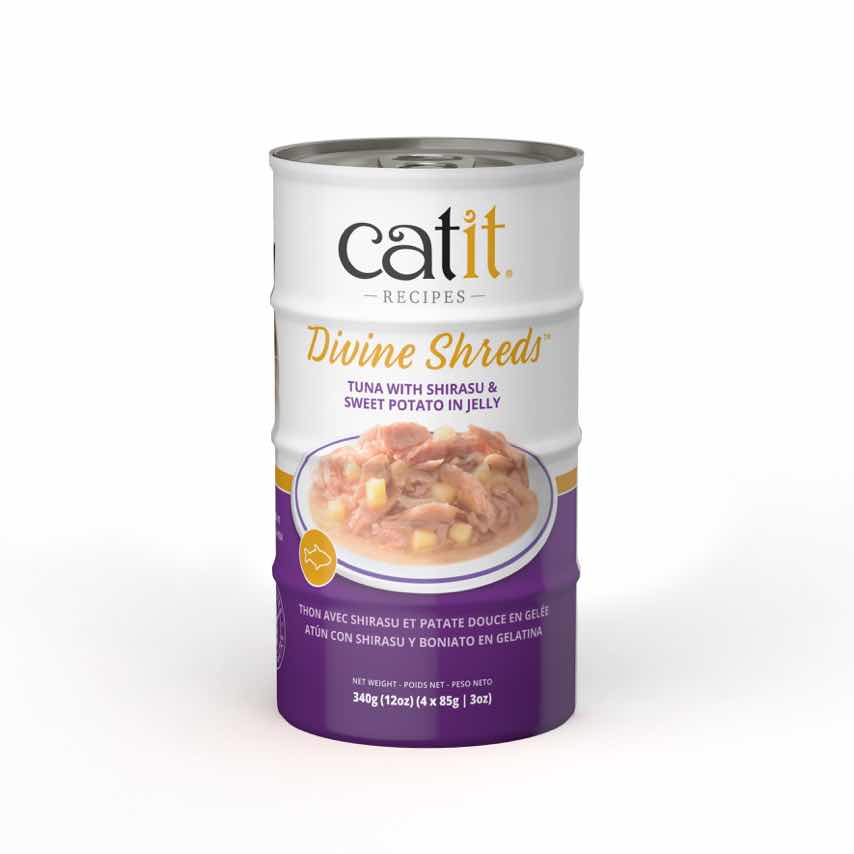 Catit Divine Shreds tuna with shirasu and sweet potato cat food packaging