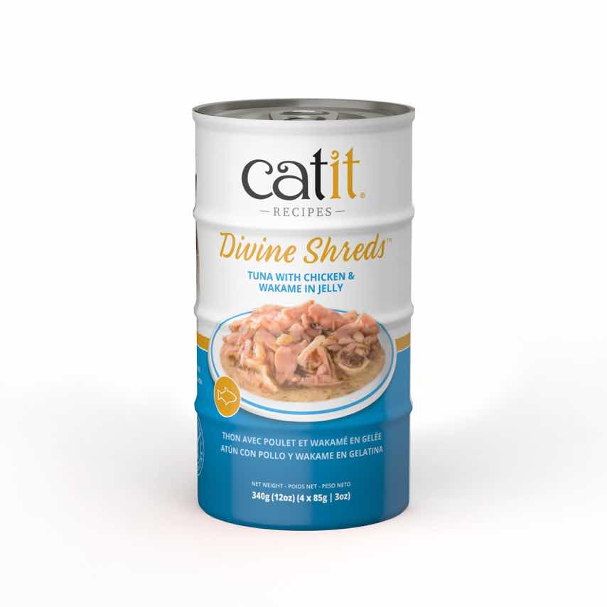 Catit Divine Shreds tuna with chicken and wakame in jelly cat food packaging