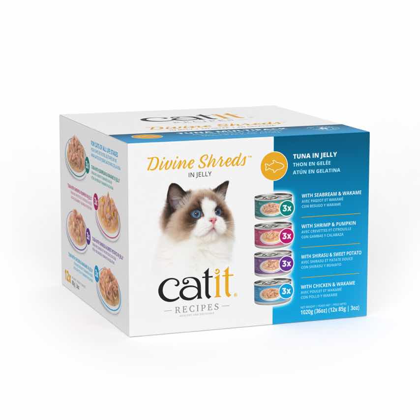 Catit Divine Shreds in Jelly tuna multipack cat food packaging containing 12 cans of four different flavors