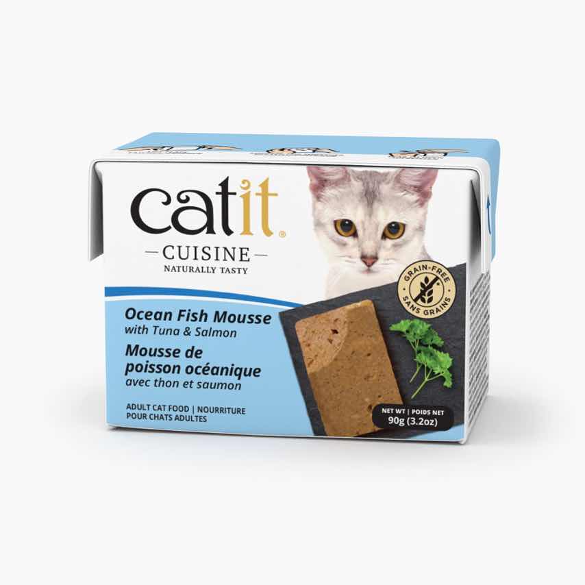 Catit Cuisine Ocean Fish Mousse adult cat food packaging with tuna and salmon
