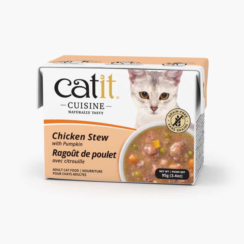 Catit Cuisine grain-free chicken stew with pumpkin adult cat food packaging