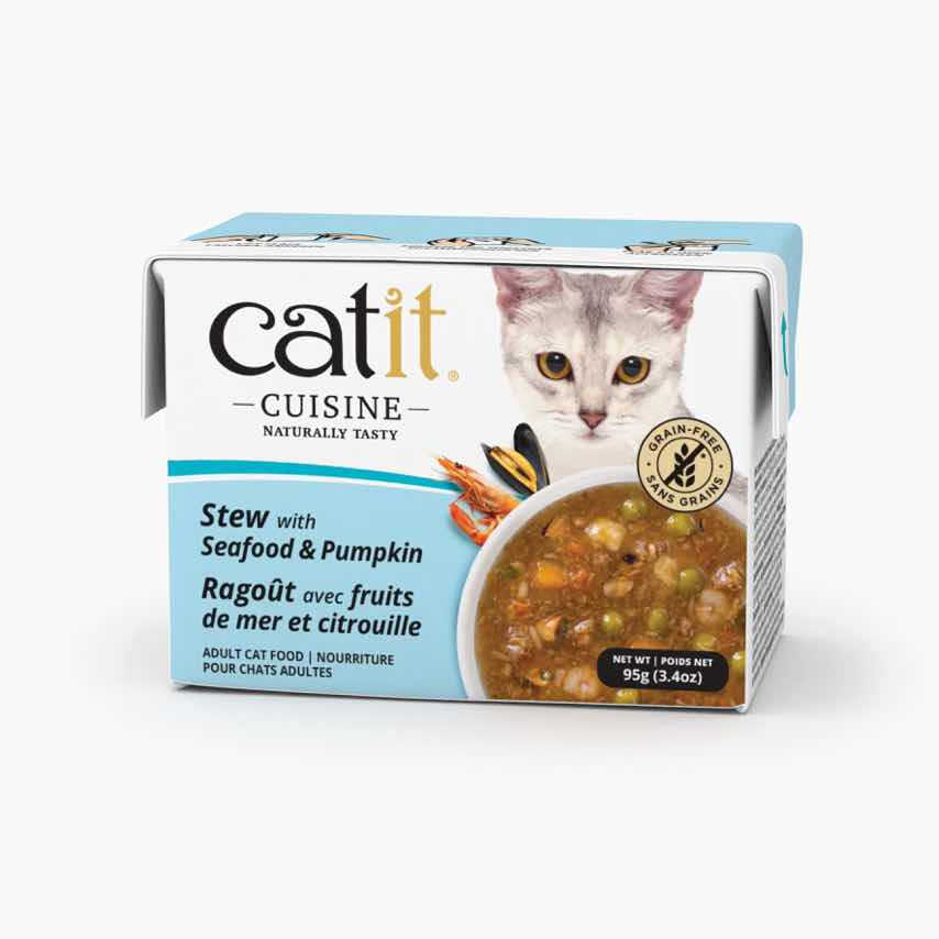 Catit Cuisine grain-free stew with seafood and pumpkin for adult cats in 95g packaging