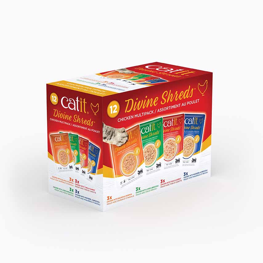 Catit Divine Shreds chicken multipack cat food packaging containing 12 pouches in four different flavors