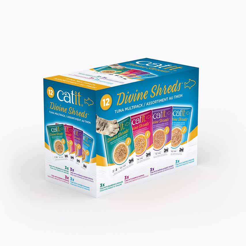 Catit Divine Shreds tuna multipack cat food packaging containing 12 pouches in four different flavors