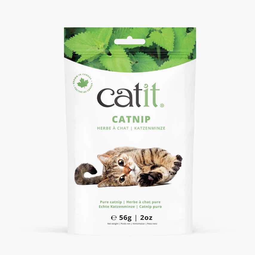 Catit pure catnip packaging, 56g (2oz), featuring an image of a cat and grown in Canada label