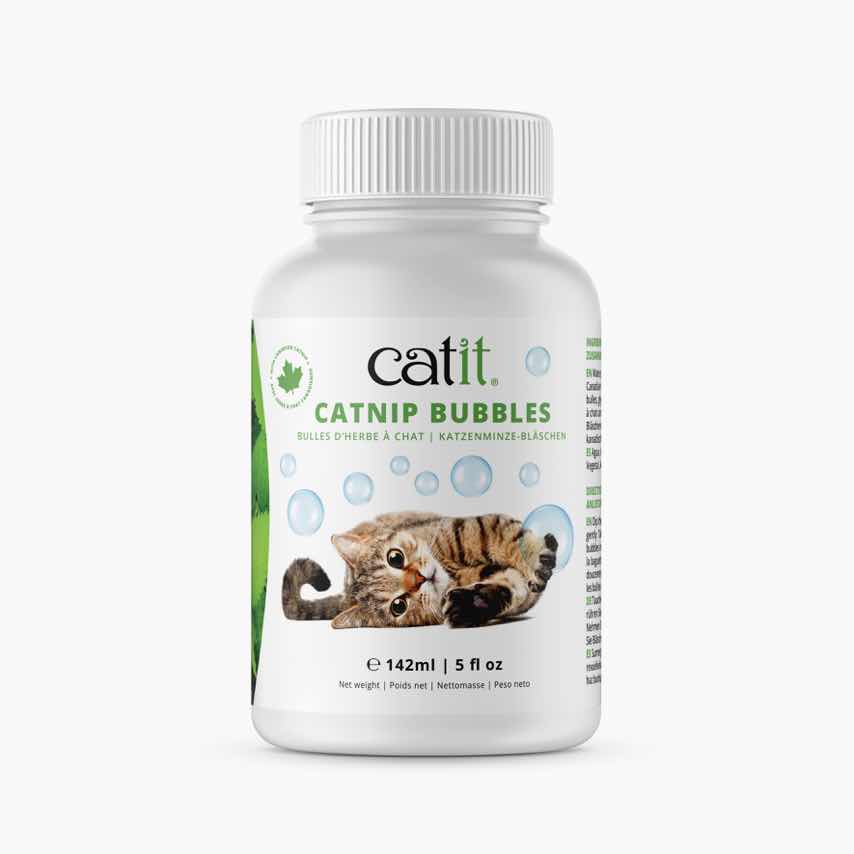 A bottle of Catit Catnip Bubbles with a picture of a cat on the label