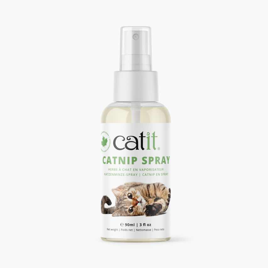 Catit catnip spray in a 90ml clear plastic spray bottle with a label featuring a cat