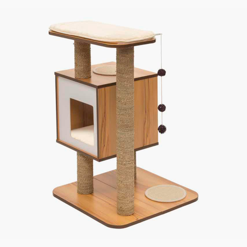 Vesper Base cat tree in walnut finish with a square hideaway, scratching posts, and a top perch with a cushion