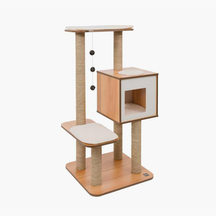 Vesper High Base cat tree with a wooden frame, sisal scratching posts, a cubby, and cushioned platforms