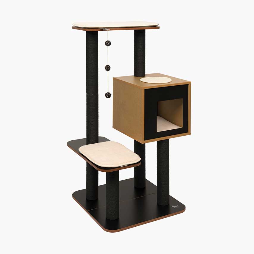 Vesper High Base cat tree in black with a cubby, scratching posts, and cushioned platforms