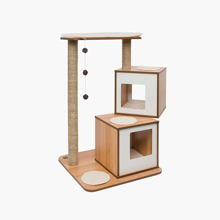 Vesper Double cat tree in walnut finish with two cubbies, scratching posts, and hanging toys