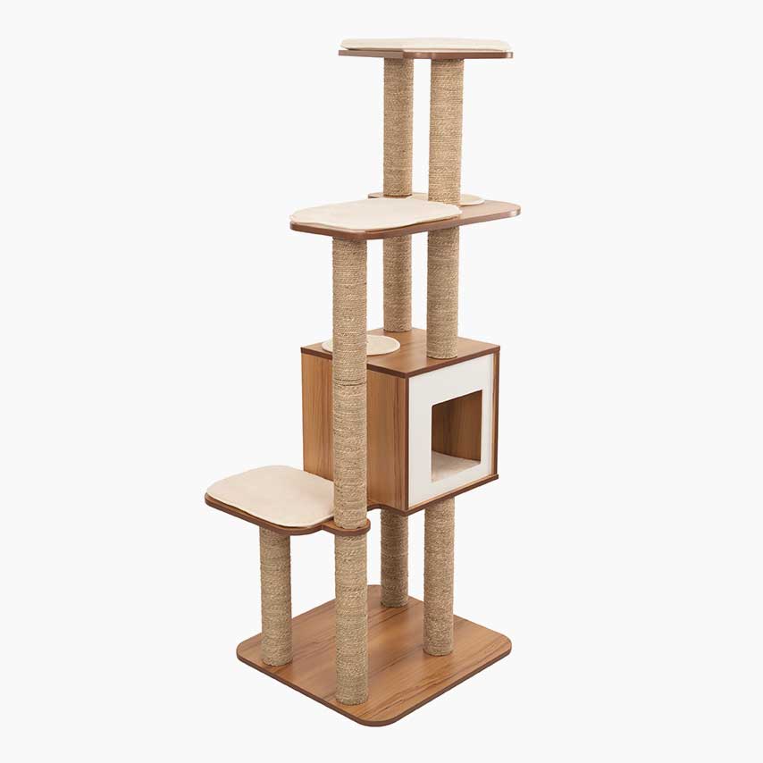Vesper High Base XL cat tree in walnut finish with sisal scratching posts and plush cushions