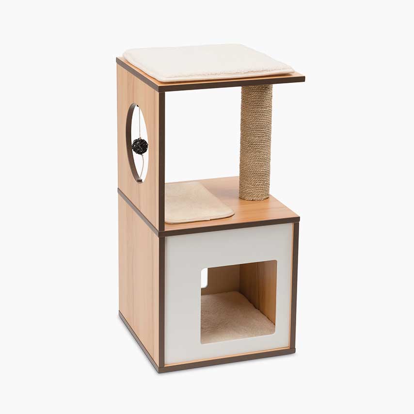 Vesper Box small cat furniture with a cubby, scratching post, and top perch