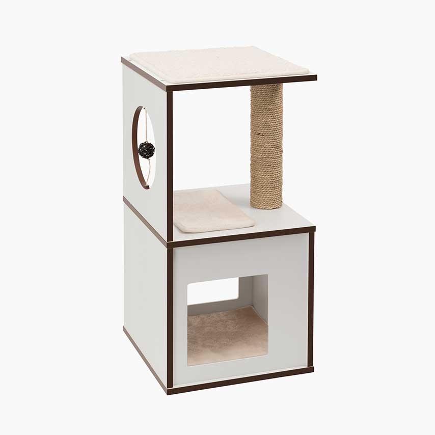White and brown wooden cat condo with a sisal scratching post, a hanging toy, and plush cushions