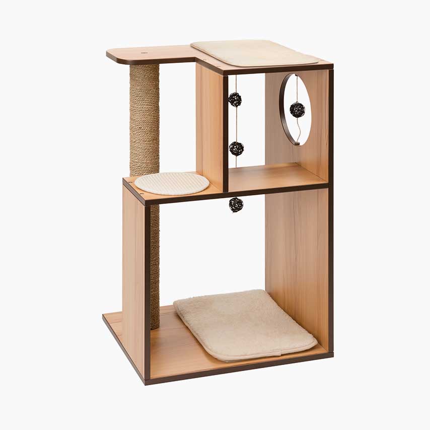Vesper Box cat furniture with a sisal scratching post, two levels, and soft cushions