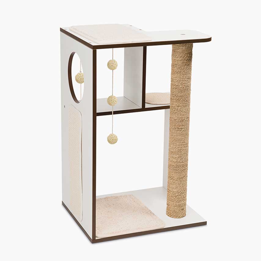 Vesper cat furniture with a white wooden frame, sisal scratching post, and hanging toy balls