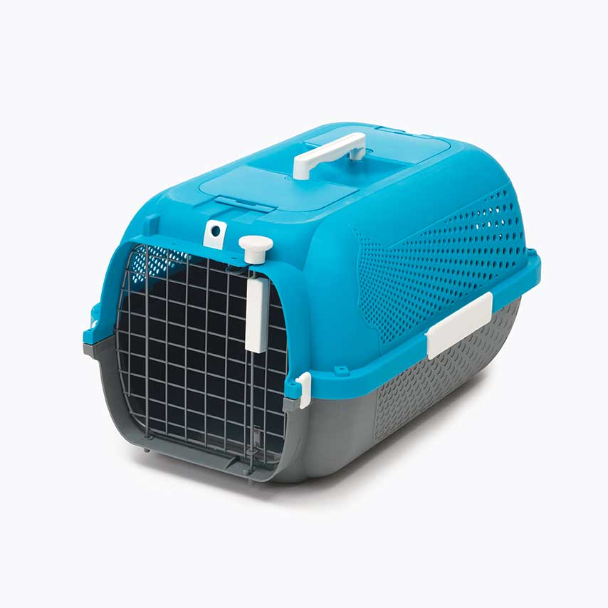 Turquoise and grey plastic pet carrier with a wire front door and top handle
