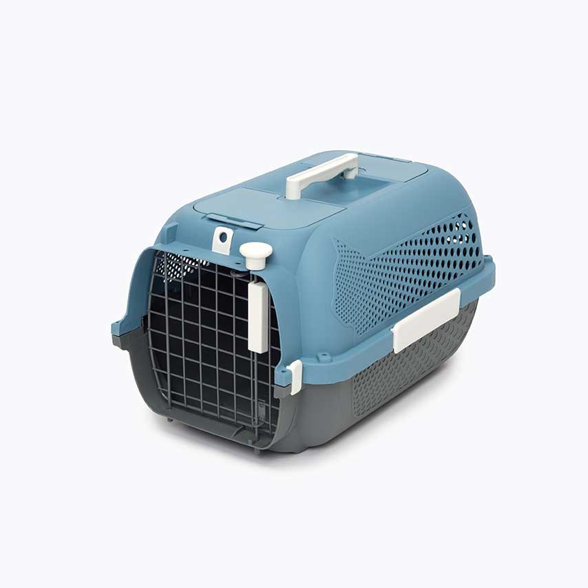 Blue and grey plastic pet carrier with a wire door and top handle