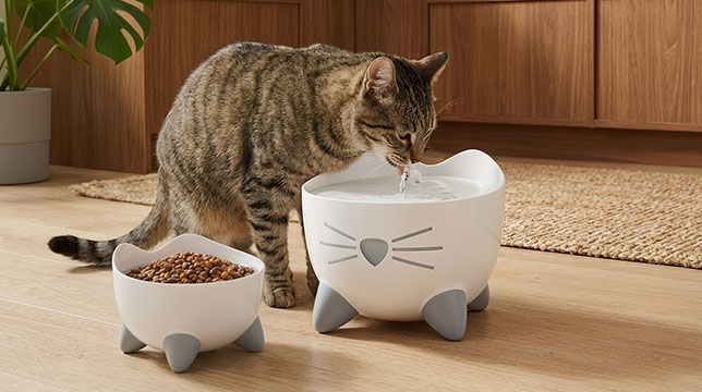 A tabby cat drinks from a white cat-shaped water fountain next to a matching food bowl on a wooden floor