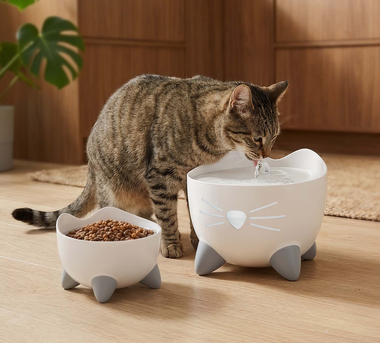 A tabby cat drinking from a white, cat-shaped water fountain next to a matching bowl filled with dry cat food