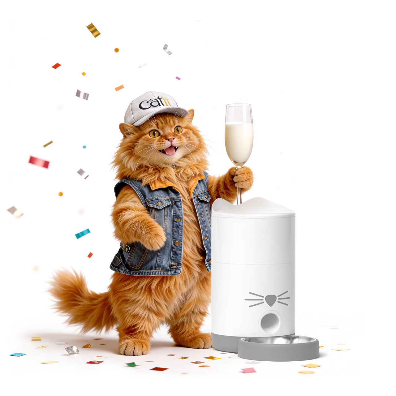 A fluffy ginger cat wearing a denim vest and a Catit cap stands next to a PIXI feeder, holding a glass of milk.