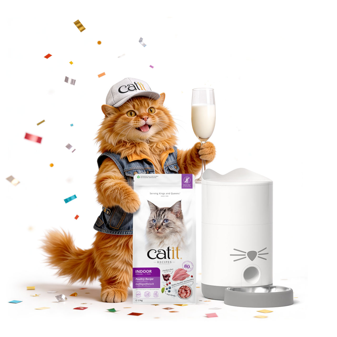 A fluffy orange cat wearing a cap and denim vest holds a glass of milk next to a bag of Catit cat food and a PIXI feeder