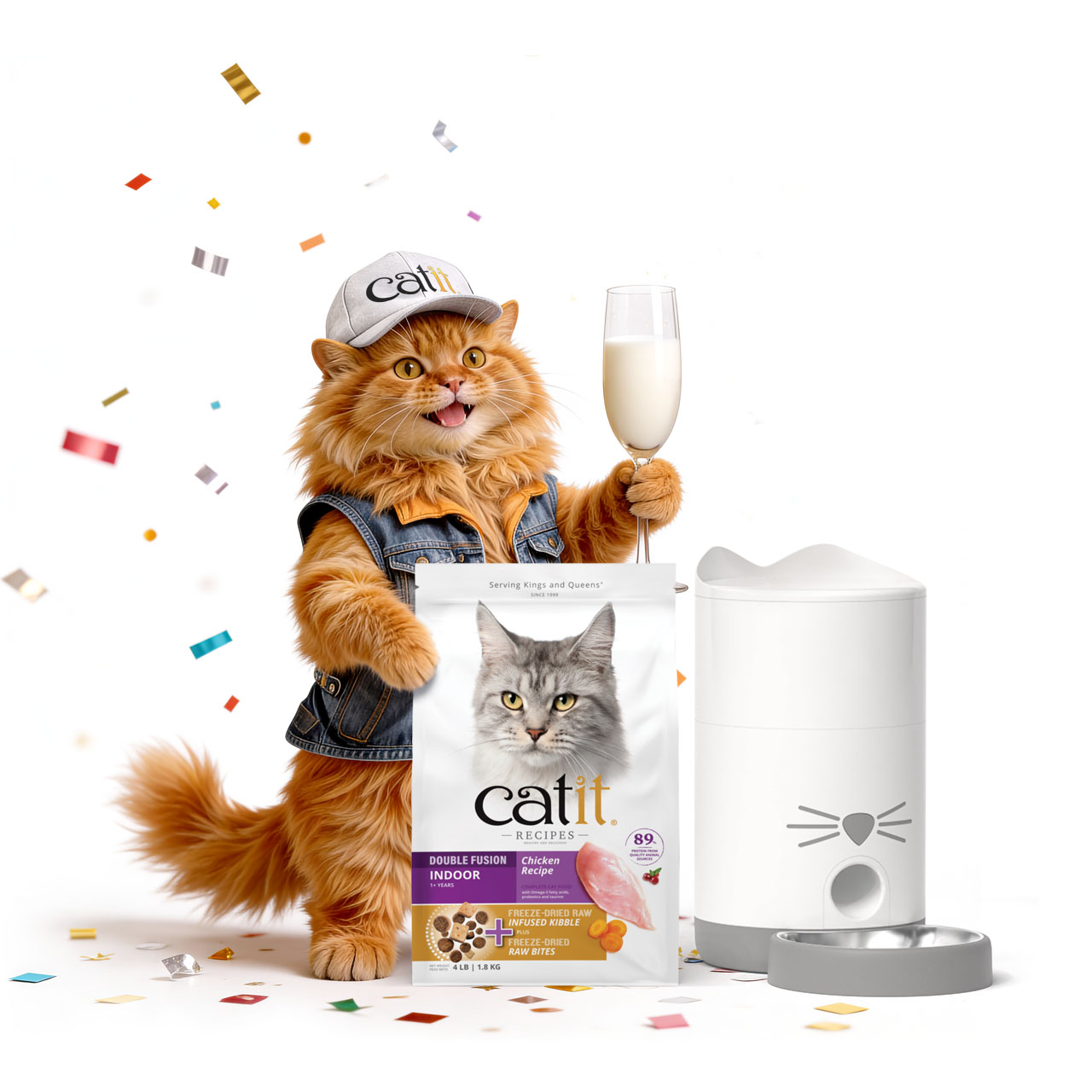 A fluffy orange cat wearing a denim vest and a Catit cap holds a glass of milk next to Catit cat food packaging and a feeder