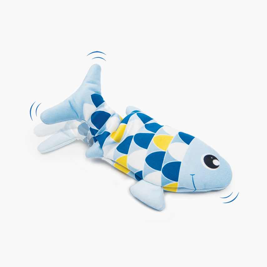 Catit Groovy Fish cat toy with blue, yellow, and white scale pattern and motion effect lines