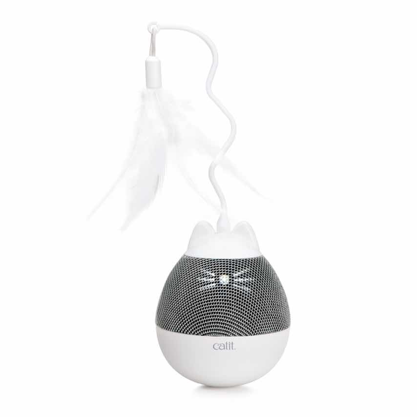 Catit PIXI Spinner cat toy with a white base, mesh body, and a feather attachment