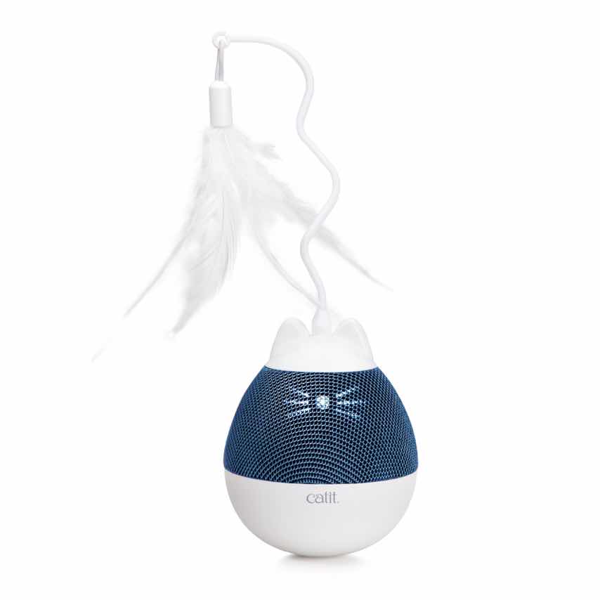Catit PIXI Spinner cat toy with a blue mesh body, white cat-ear top, and a dangling feather wand