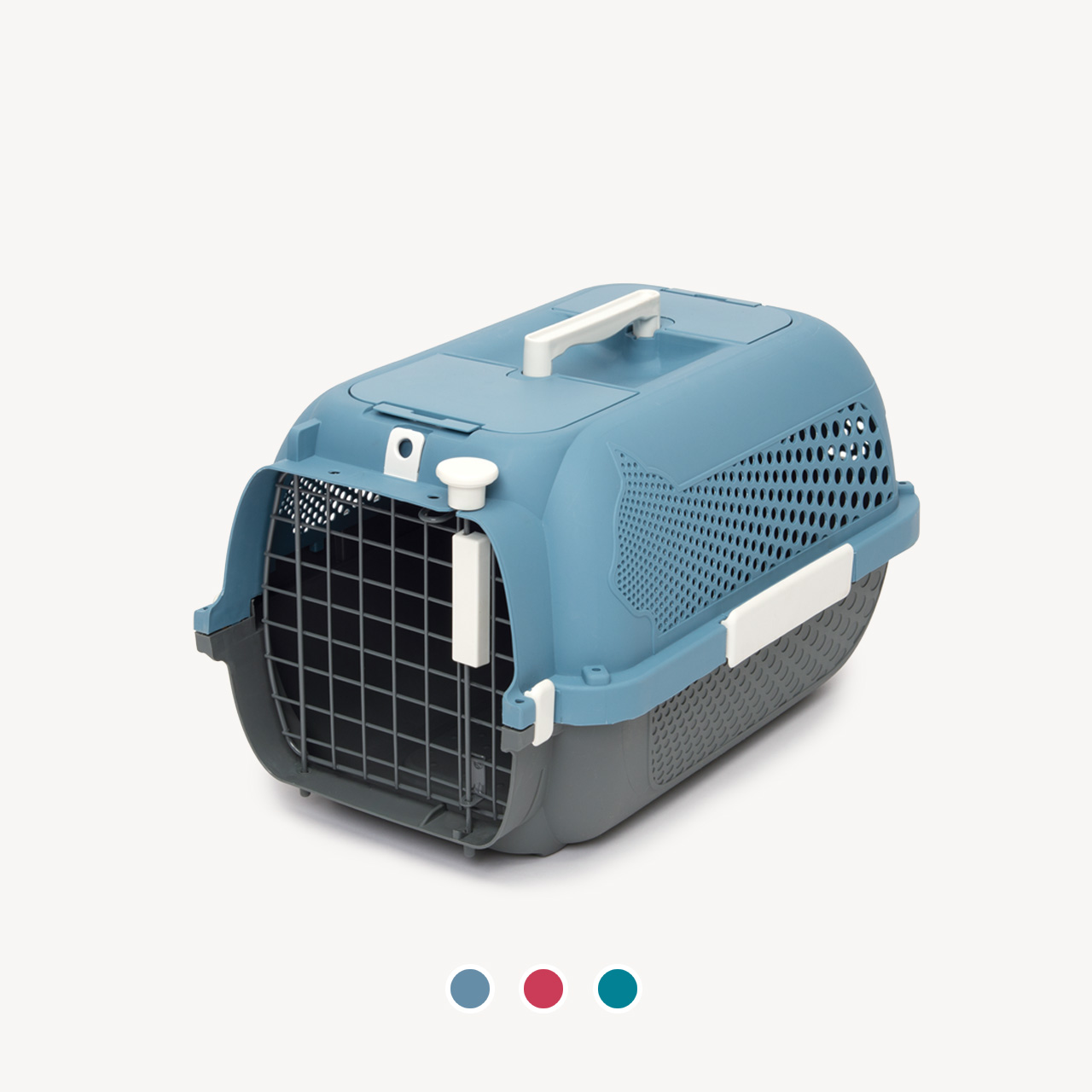 Blue and grey plastic cat carrier with a wire door and three color selection dots below