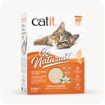 Catit Go Natural pea husk clumping cat litter packaging in vanilla scent