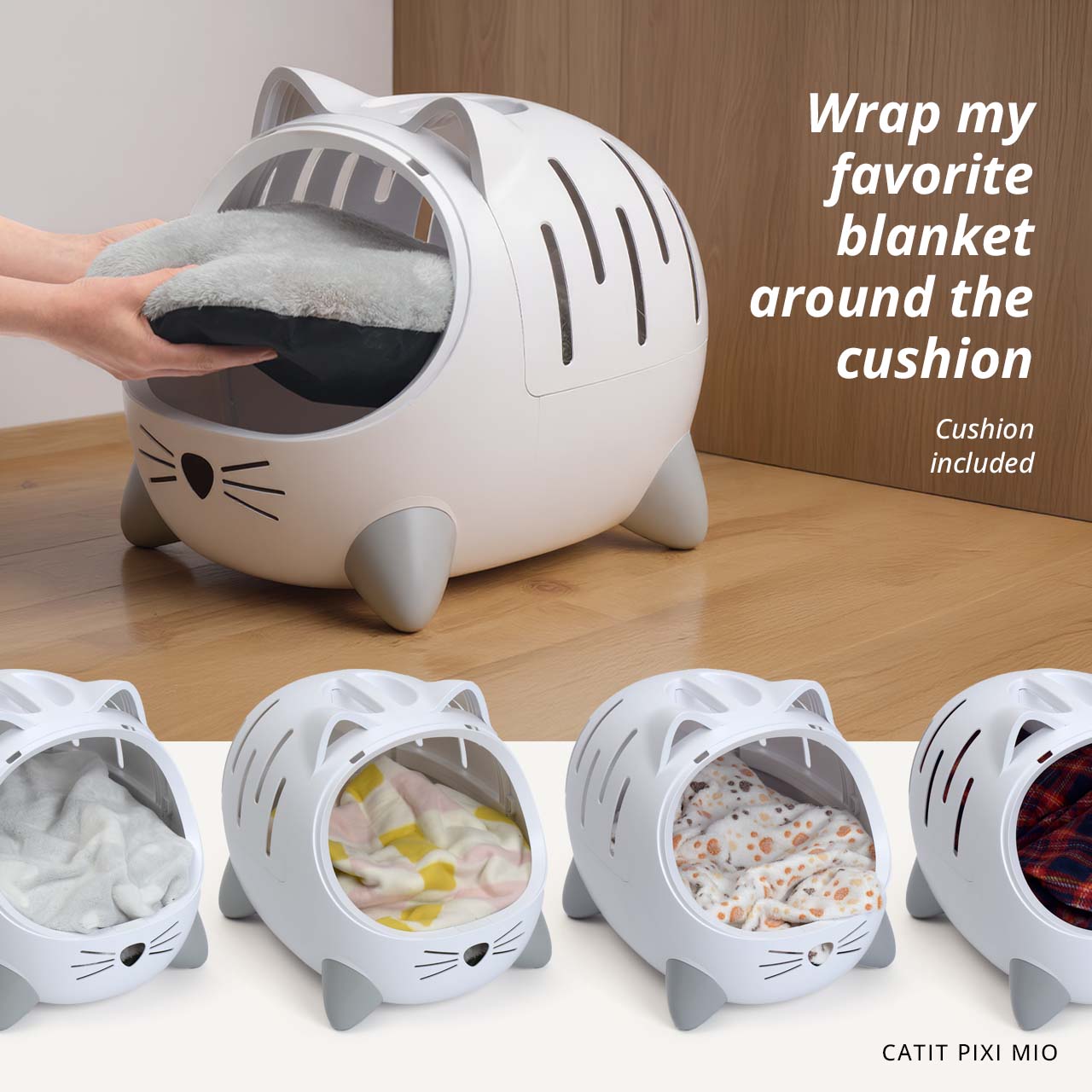 A person placing a cushion into a white cat-shaped Catit PIXI MIO bed, with examples of the bed styled with various blankets