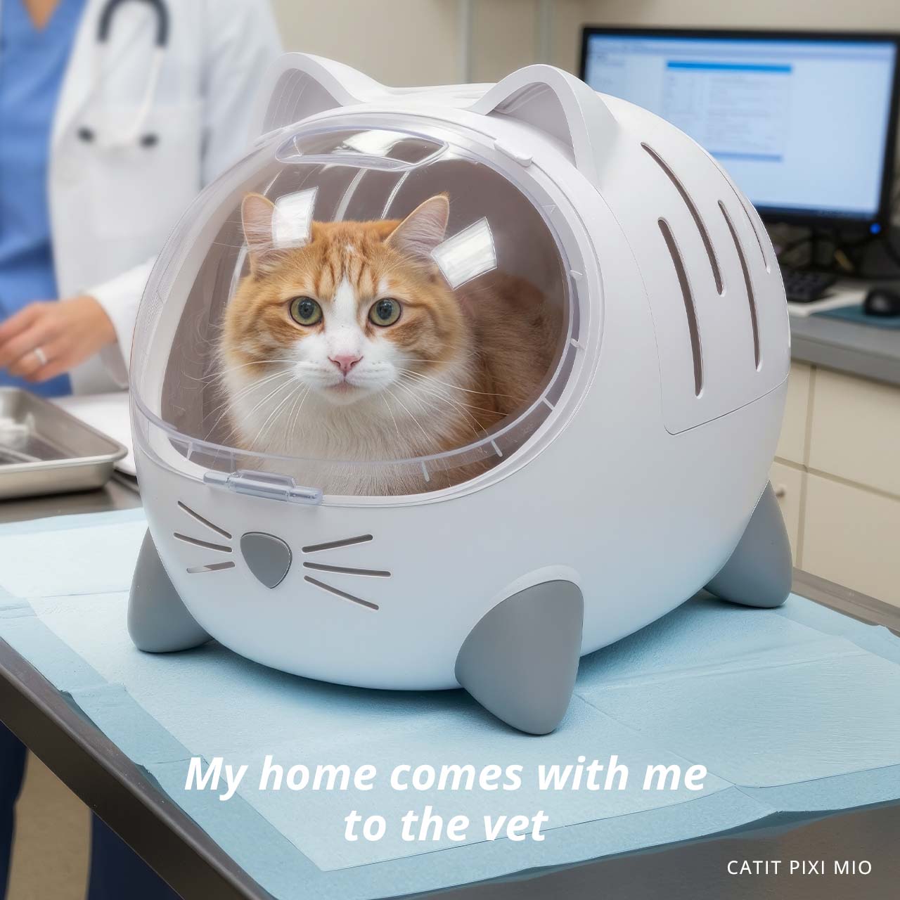 A ginger and white cat sits inside a white, cat-shaped PIXI carrier on a vet's examination table