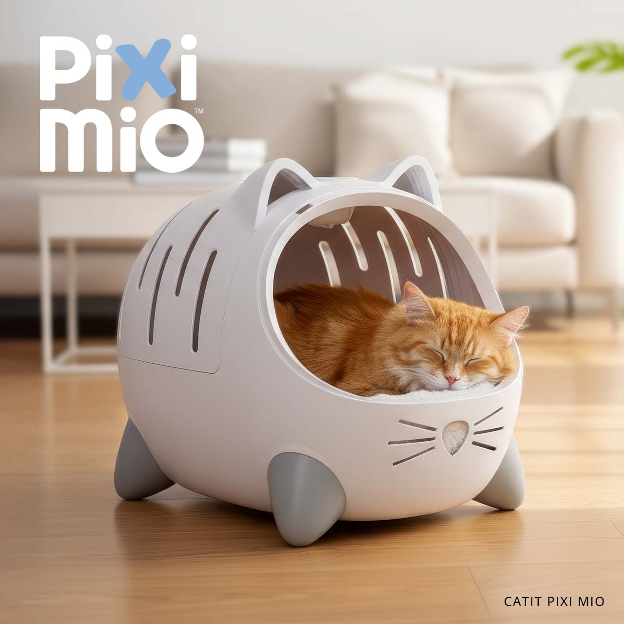 An orange tabby cat sleeping inside a white, cat-shaped PIXI MIO pet bed in a living room