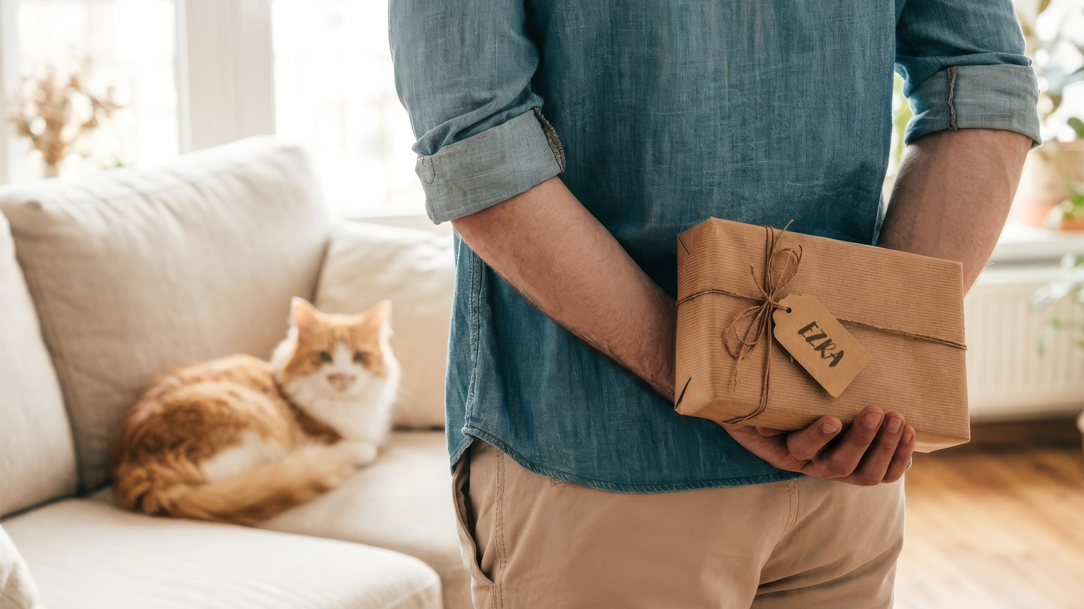 Person in a denim shirt holding a gift wrapped in brown paper with an Ezra tag behind their back, with a cat on a sofa