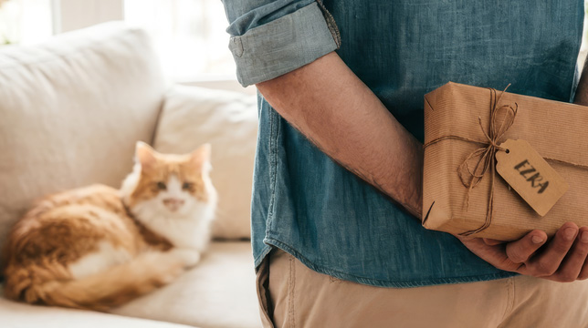 A person holding a gift wrapped in brown paper with a tag labeled Ezra, with a cat resting on a sofa in the background