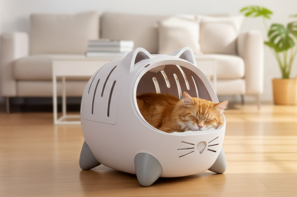 An orange tabby cat sleeping inside a white, cat-shaped pet bed on a wooden floor in a living room
