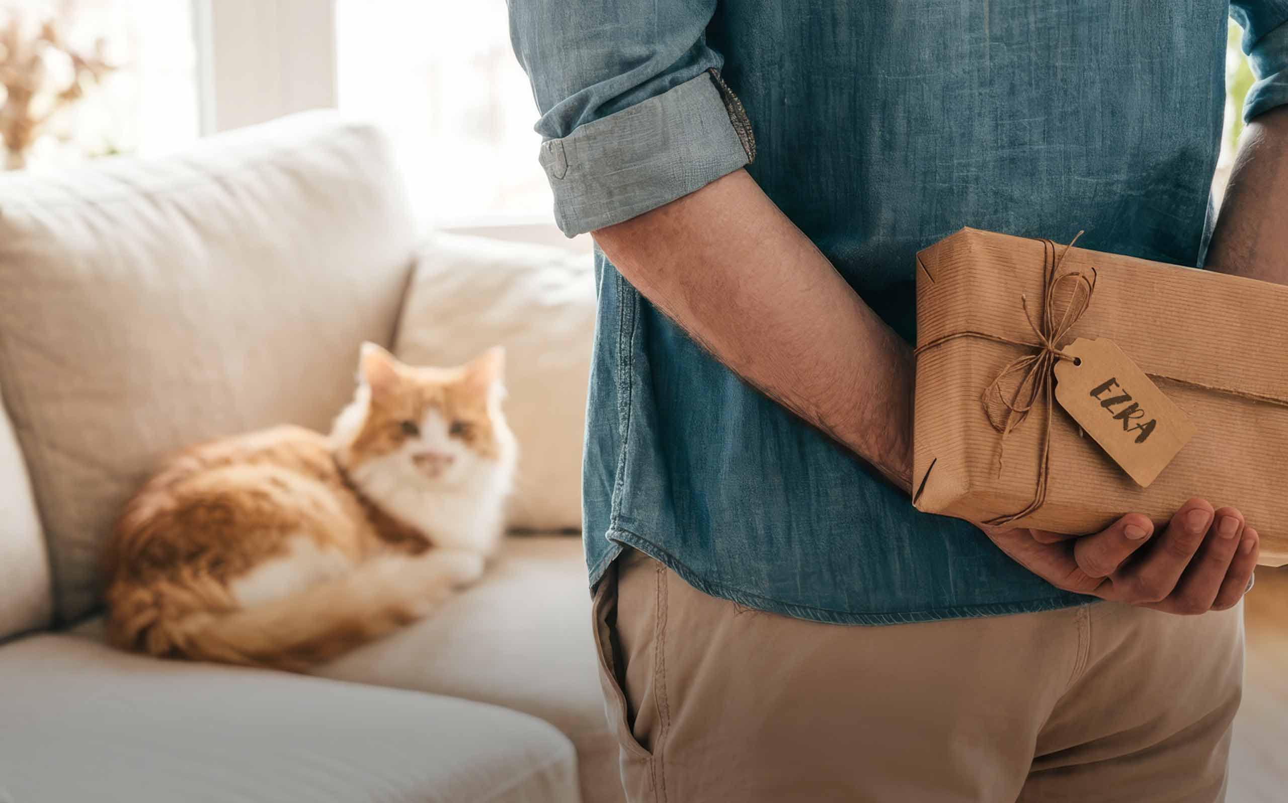 A person holding a gift wrapped in brown paper with a tag labeled Ezra, with a cat resting on a sofa in the background