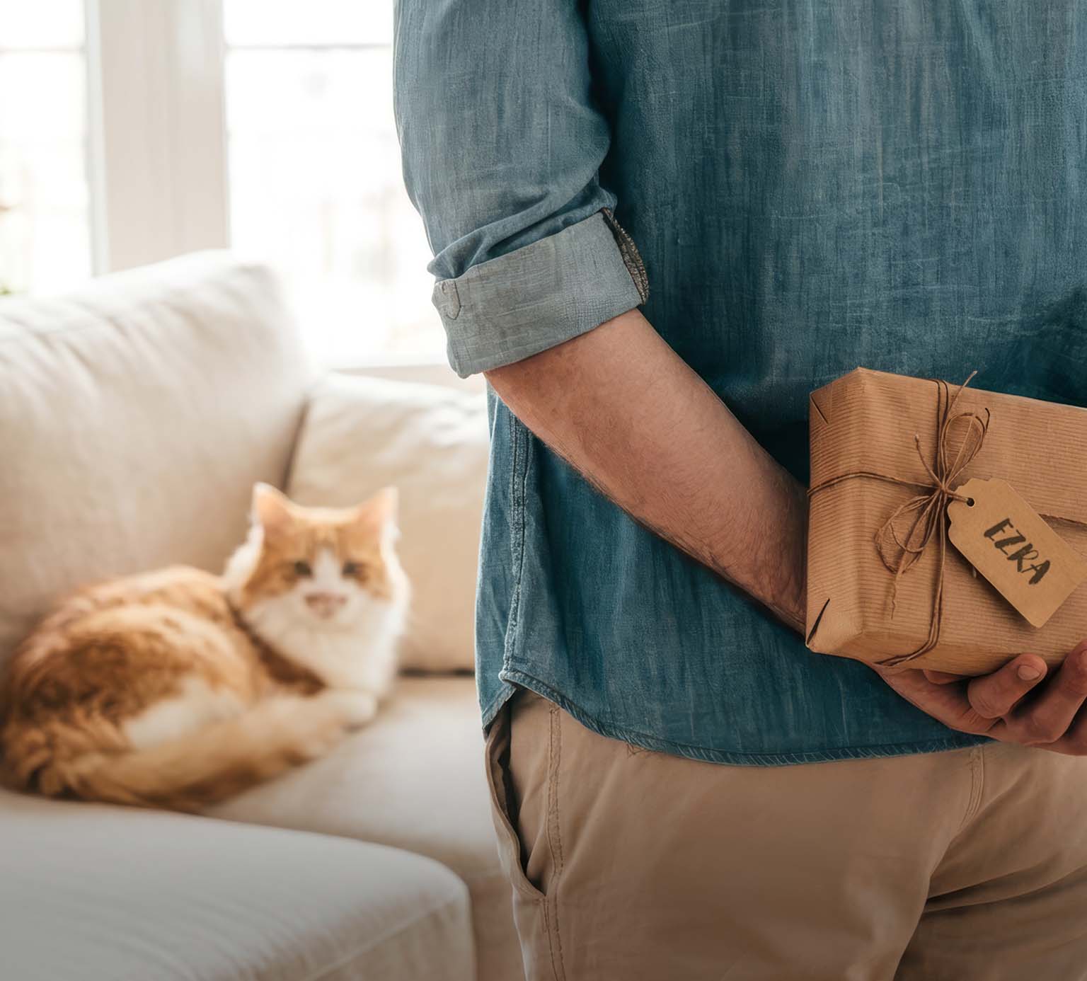A person holding a gift wrapped in brown paper with a tag labeled Ezra, with a cat resting on a sofa in the background
