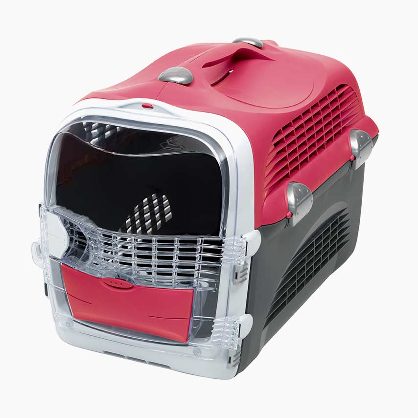 Catit Cabrio cherry red pet carrier with a clear front door and top handle