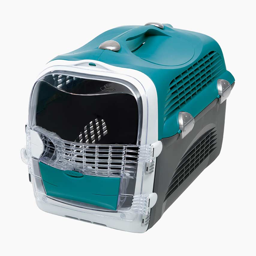 Turquoise and grey Catit Cabrio pet carrier with a clear front door