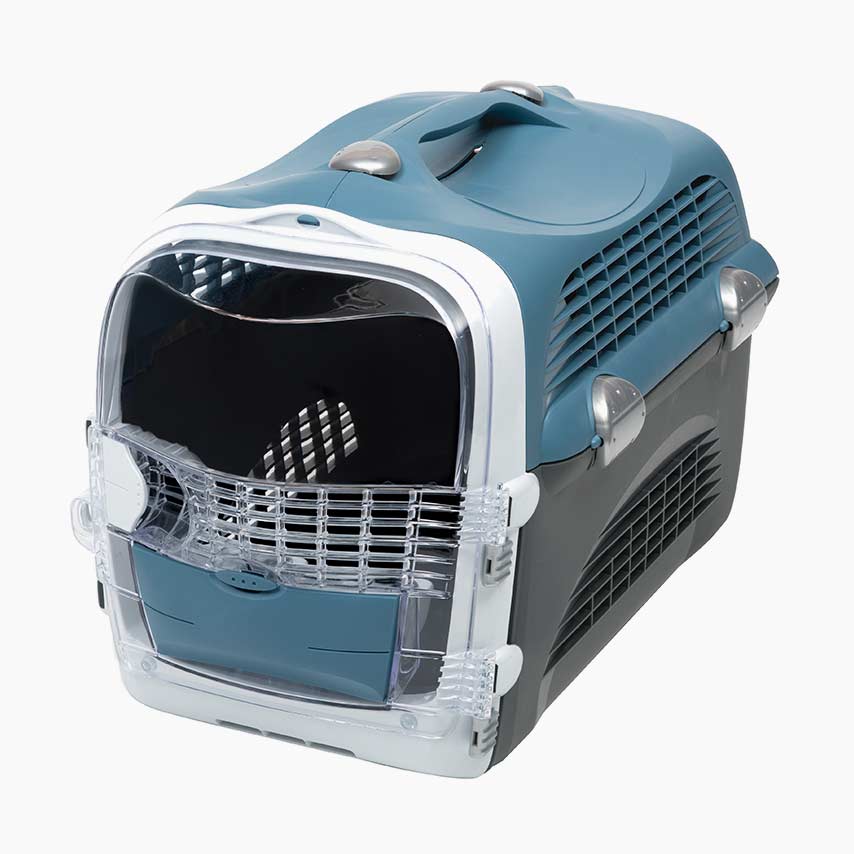 Catit Cabrio pet carrier in blue and gray with a clear front door