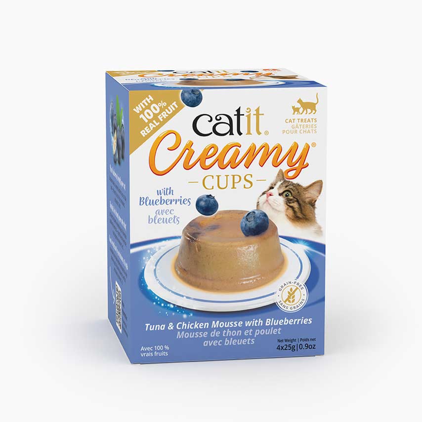 Catit Creamy Cups tuna and chicken mousse cat treats with blueberries packaging