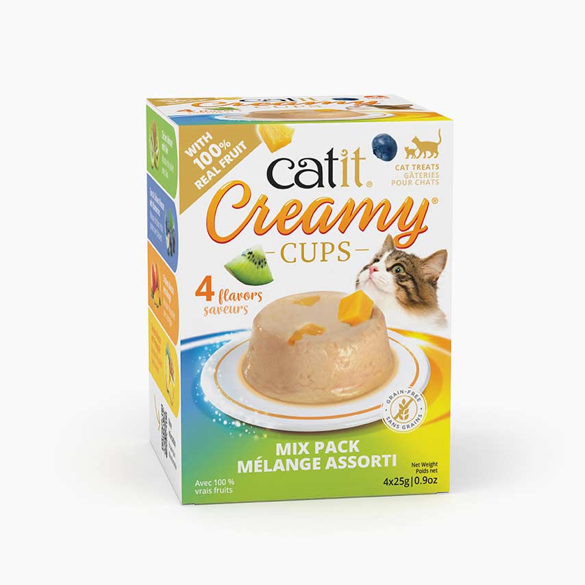 Catit Creamy Cups cat treat mix pack packaging with 4 flavors and 100% real fruit