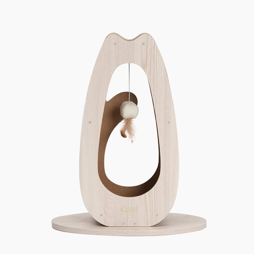 Catit PIXI tall cat scratcher with a hanging toy ball on a wooden base
