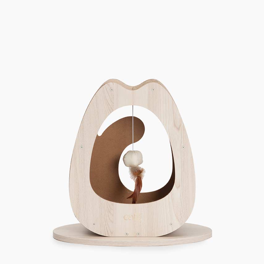 Catit PIXI Scratcher with a hanging toy inside a wooden frame on a circular base