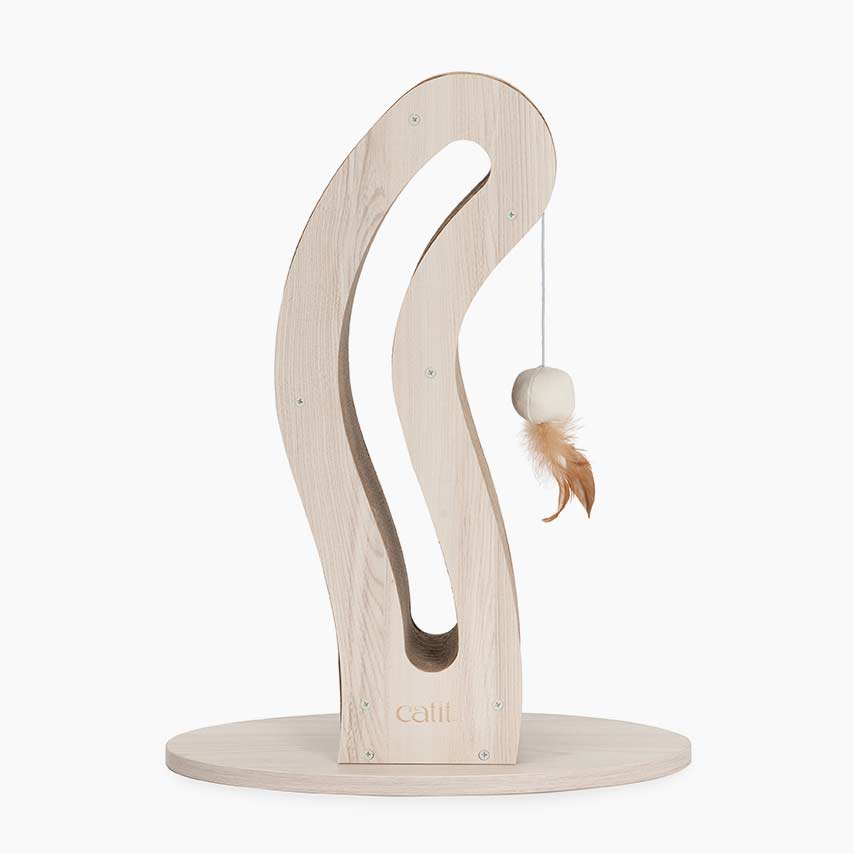 Catit PIXI cat scratcher with a curved wooden frame and a hanging feather toy